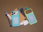 Lemon Window and Mint Window gradient phone cases with notebooks and tableware
