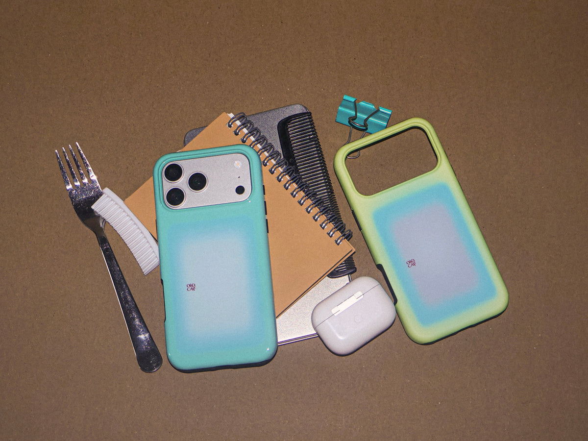 Lemon Window and Mint Window gradient phone cases with notebooks and tableware