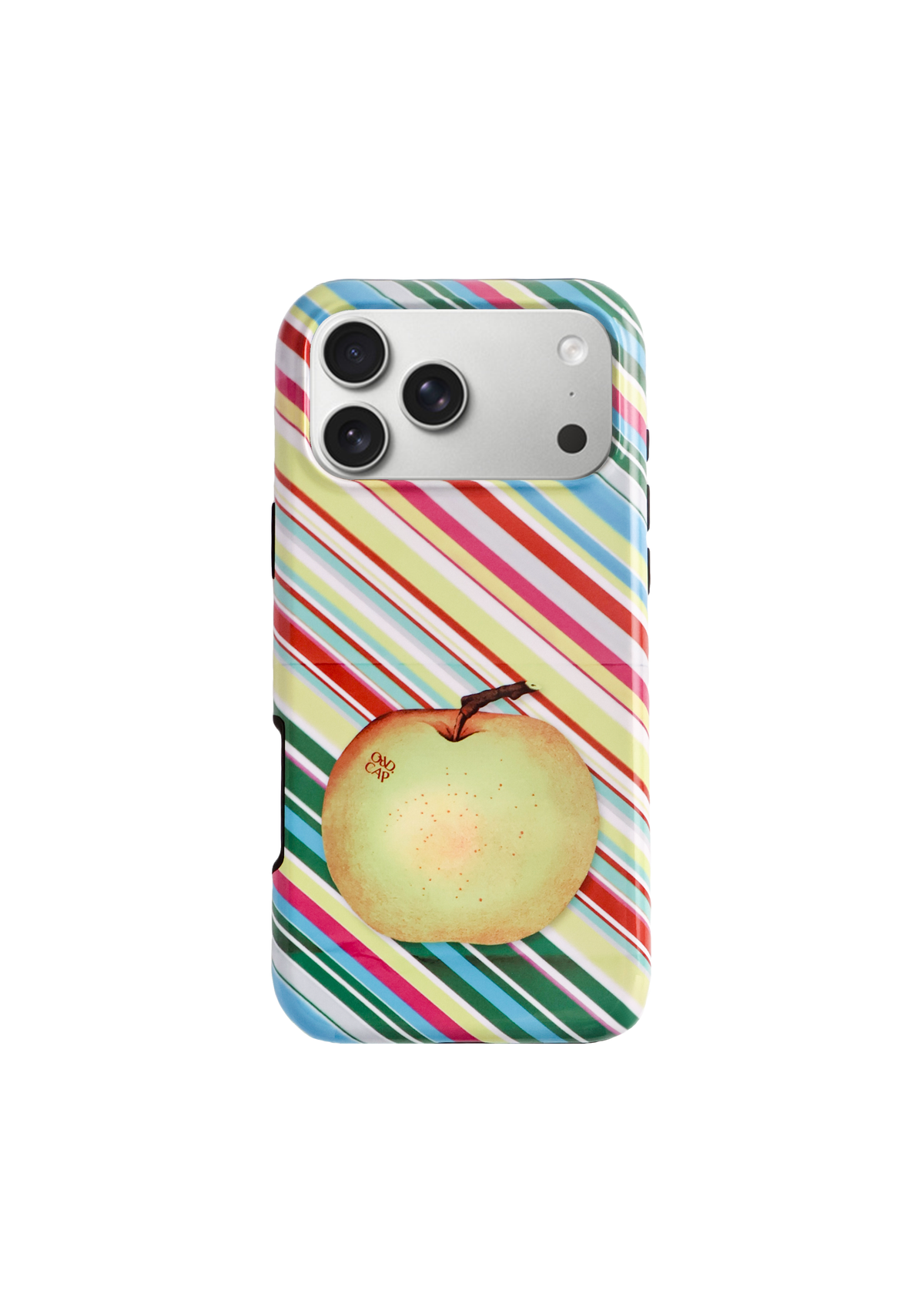 Apple for Later striped apple MagSafe iPhone case on white