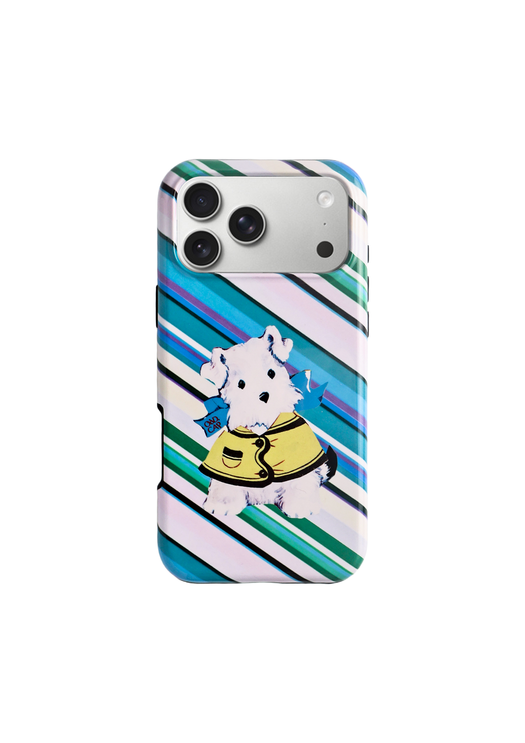 Dog on an Errand striped dog MagSafe iPhone case on white