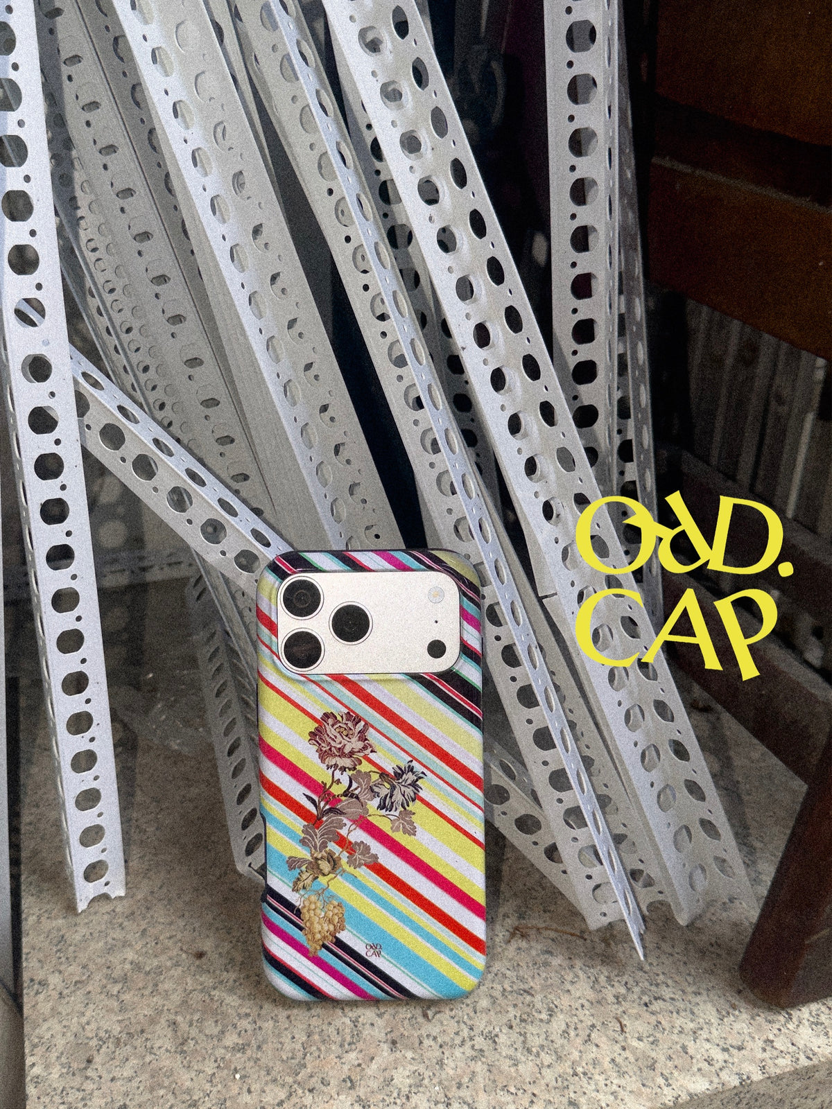 Garden Index phone case in an industrial still life